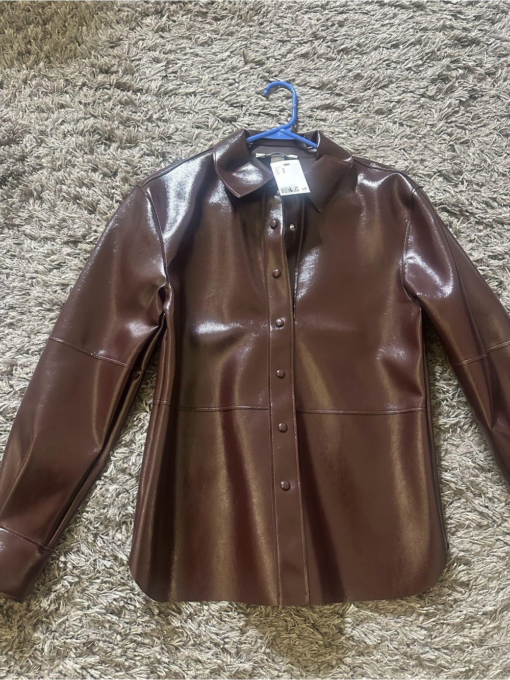 H&M WOMEN Faux Leather Button-Up Shirt Jacket - burgundy/maroon